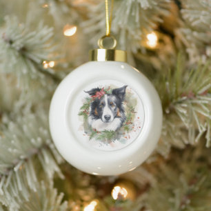 Boule En Céramique Couronne de Noël Border Collie Chien de fête