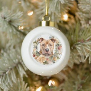 Boule En Céramique Couronne de Noël Pitbull Chien de fête