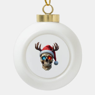 Boule En Céramique Crâne de Noël avec chapeau de Père Noël et bois my