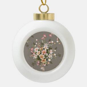Boule En Céramique Crème, fleurs roses sur gris.