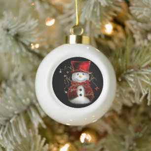 Boule En Céramique Cute bonhomme de neige en Velours rouge Noël