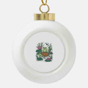 Boule En Céramique Cute Frog Riding Turtle Pond Vintage Vector Art_1