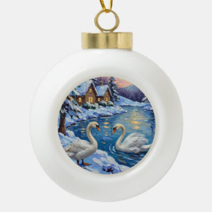 Boule En Céramique Cygnes vintage sur un lac hivernal - Peinture de N