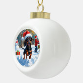 Boule En Céramique Dachshund Courir en neige avec Casquette de Noël (Droite)