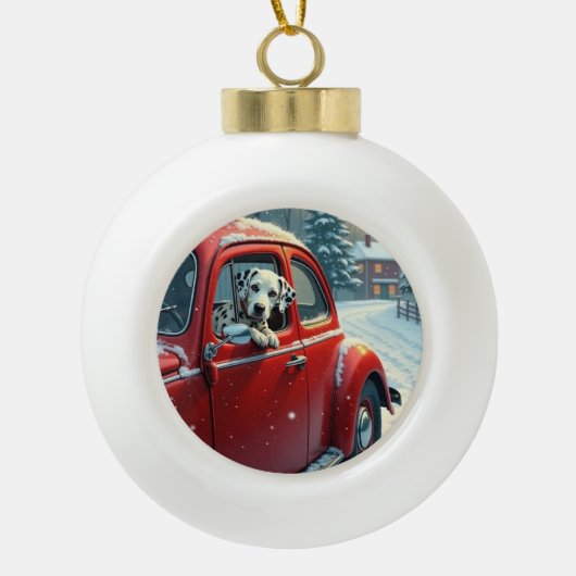 Boule En Céramique Dalmatian Snowy Car Ride Christmas Painting (Devant)