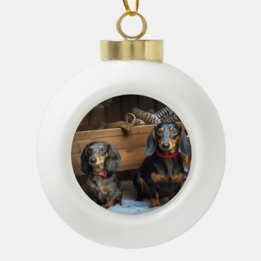 Boule En Céramique Décor de Noël Dachshund Snowy Sleigh (Devant)
