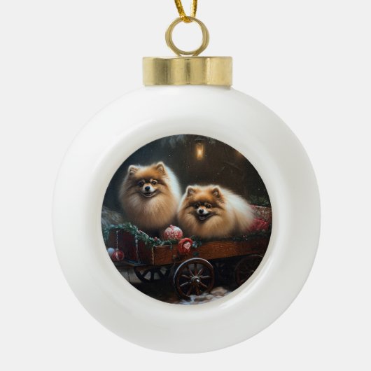 Boule En Céramique Décor de Noël Poméranien Snowy Sleigh (Devant)