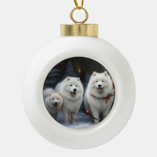 Boule En Céramique Décor de Noël Samoyed Snowy Sleigh
