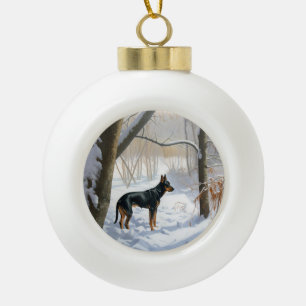 Boule En Céramique Doberman Pinscher Laisser Neige Noël