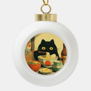 Boule En Céramique Drôle chat noir manger Ramen