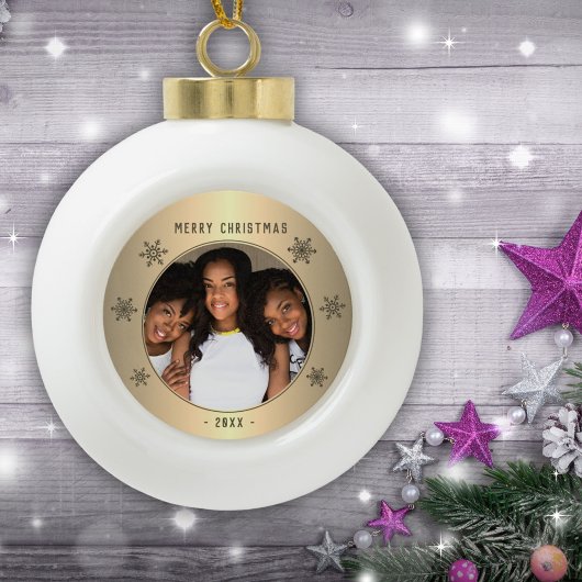 Boule En Céramique Festif Golden Metallic Snowflake Family Photo