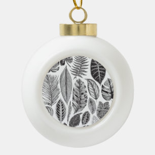 Boule En Céramique Feuilles exotiques, vintage floral noir et blanc.