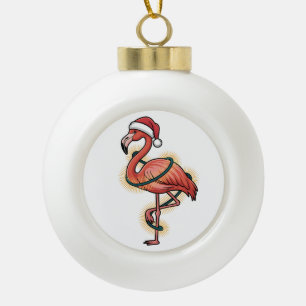 Boule En Céramique Flamant Rose Enveloppé De Lumières De Noël   