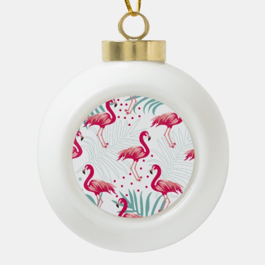 Boule En Céramique Flamingo tropical et feuille, motif d'été. (Devant)