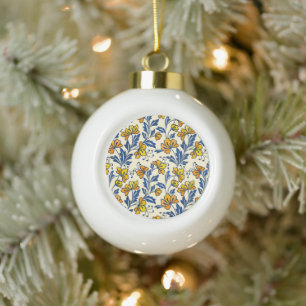 Boule En Céramique Fleur Bleue Feuillue Florale Folk Jaune Orange Vin