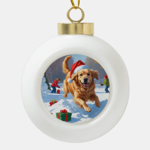 Boule En Céramique Golden Retriever dans la neige avec un chapeau de