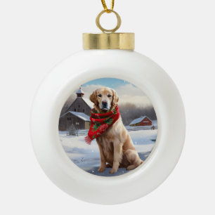 Boule En Céramique Golden Retriever Dog in Snow Christmas