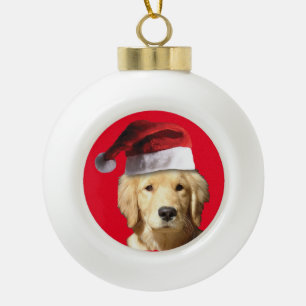 Boule En Céramique Golden Retriver portant un casquette du Père Noël