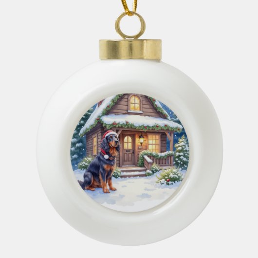 Boule En Céramique Gordon Setter Snowy Lodge Santa Hat Christmas Art (Devant)