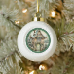Boule En Céramique Green Fairy and Elf House Winter Wonderland<br><div class="desc">Maison elfe de fée aux tons verts dans un pays de fées pour Noël</div>