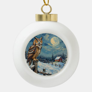 Boule En Céramique Hibou vintage sur une clôture au-dessus d'un champ