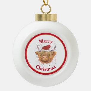 Boule En Céramique Highland Cow Casquette Red Frame Joyeux Noël