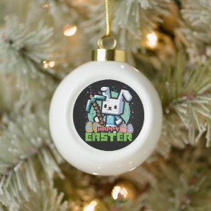 Boule En Céramique Jeu de pixels de lapin de Pâques heureux 