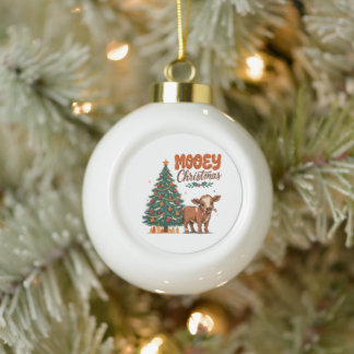 Boule En Céramique Joyeux Noël Bébé Vache Meuglant Tenant un Bâton de