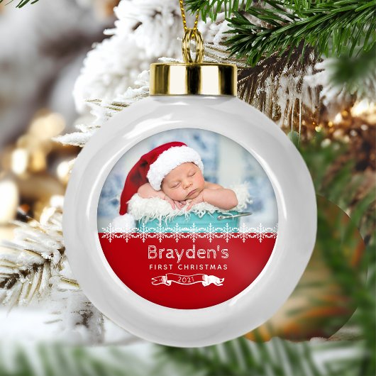 Boule En Céramique Keepsaké Photo Baby First Christmas Red