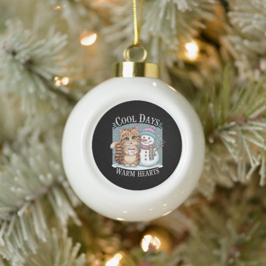 Boule En Céramique Kitten Cat and Snowman Friends Share Coffee Winter (Arbre)