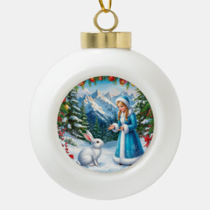 Boule En Céramique Lapin Blanc et Jeune Fille des Neiges en Forêt hiv