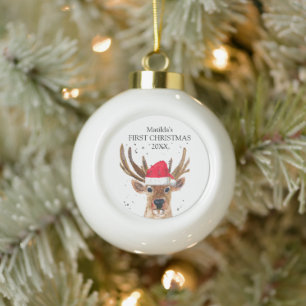 Boule En Céramique Le premier Noël de bébé Cerf Aquarelle Forêt
