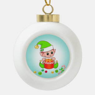 Boule En Céramique Lutin de Noël, Canne à Sucre et Confettis sur Bleu