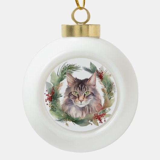 Boule En Céramique Maine Coon Chat Noël Wreath Festive Kitten (Devant)