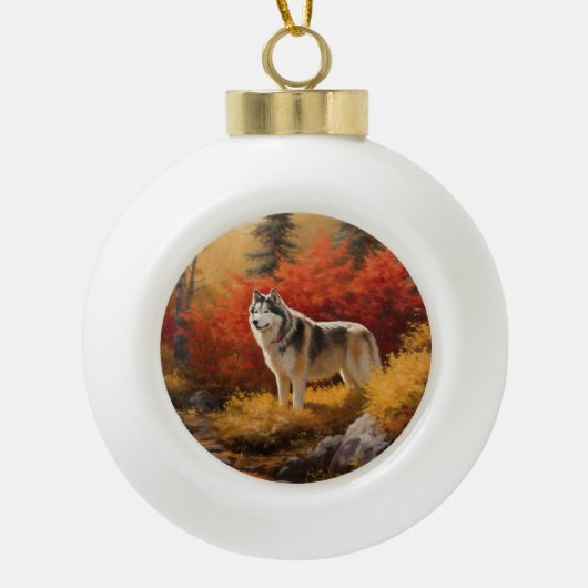 Boule En Céramique Malamute en Alaska à l'automne Feuilles automne in (Devant)