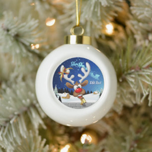 Boule En Céramique Mème de Noël drôle de renne qui regarde par-dessus