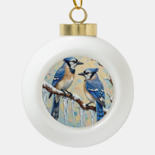 Boule En Céramique Mésanges bleues vintage sur une branche de glaçon