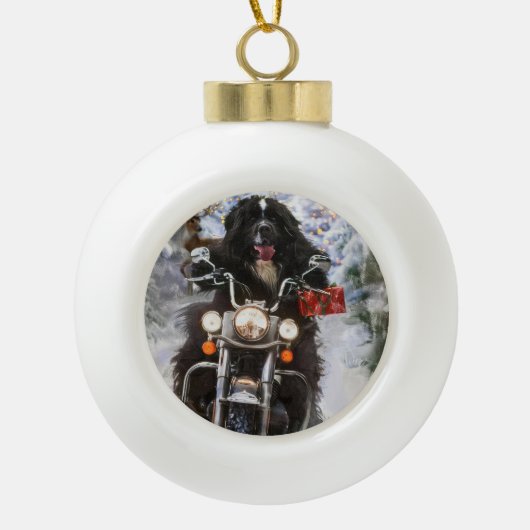 Boule En Céramique Moto à chiens de Terre-Neuve Noël (Devant)