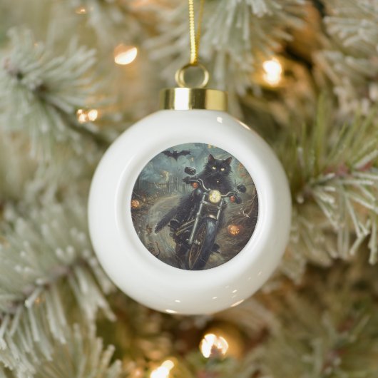 Boule En Céramique Moto à équitation Chat Noir Halloween effrayant (Arbre)