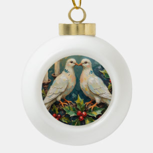 Boule En Céramique Noël Couronne de houx et colombes blanches vintage