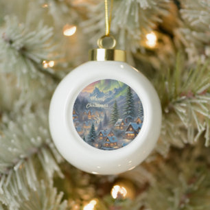 Boule En Céramique Noël dans un village de montagne, lumières polaire