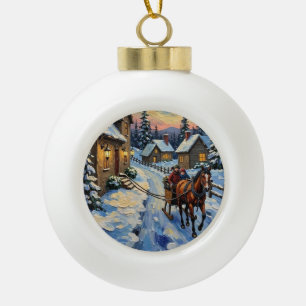 Boule En Céramique Noël enneigé avec cheval et traîneau vintage