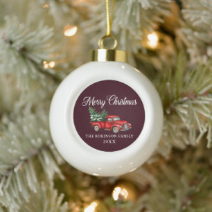 Boule En Céramique Noël Nom de famille Aquarelle Vintage Camion rouge