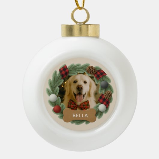 Boule En Céramique Nom du chien Photo Fête Noël Custom Plaid (Devant)