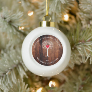 Boule En Céramique Notre premier Noël ensemble amour arbre bois rusti