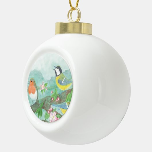 Boule En Céramique Oiseaux chantant sur une branche d'arbre en fleurs (Droite)