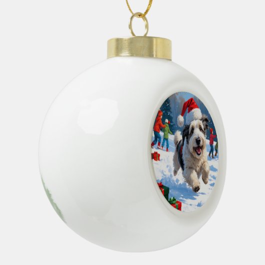 Boule En Céramique Old English Sheepdog Running in Snow Christmas Cas (Gauche)