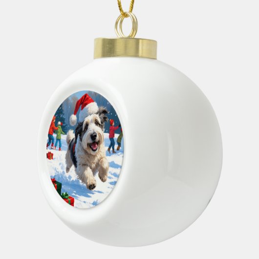 Boule En Céramique Old English Sheepdog Running in Snow Christmas Cas (Droite)