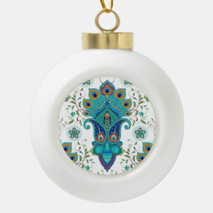 Boule En Céramique Paisley orientale, motif en plumes paon.