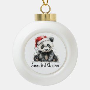 Boule En Céramique panda bébé en casquette de noël, personnalisable